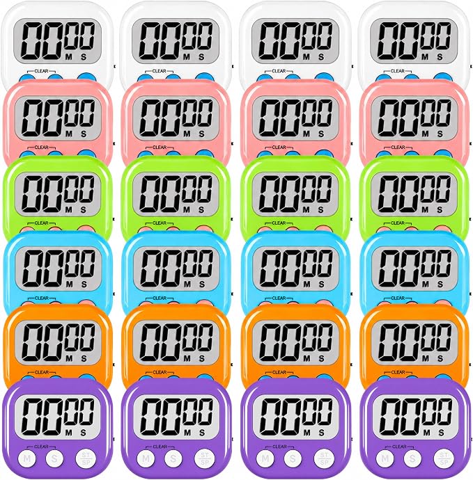 ZILLEEN Digital Kitchen Classroom Timers for Kids Cooking 24pcs MulticolorA | Strong Magnetic, Large Screen, Big Button, Kitchen Timers for Cooking Teacher Study, Blue Green Pink Purple White Orange
