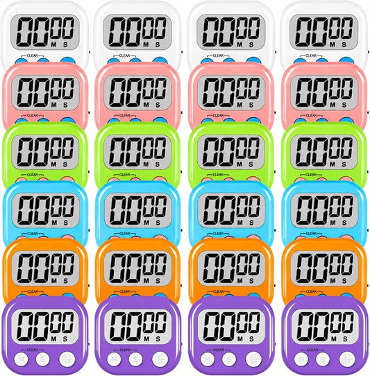 ZILLEEN Digital Kitchen Classroom Timers for Kids Cooking 24pcs MulticolorA | Strong Magnetic, Large Screen, Big Button, Kitchen Timers for Cooking Teacher Study, Blue Green Pink Purple White Orange