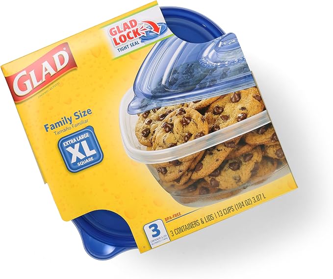 Glad GladWare XL Square Food Storage Containers, 104 Oz, 3 Count | BPA-free, dishwasher-safe containers for leftovers, meal prep, and freezer storage; family-size capacity