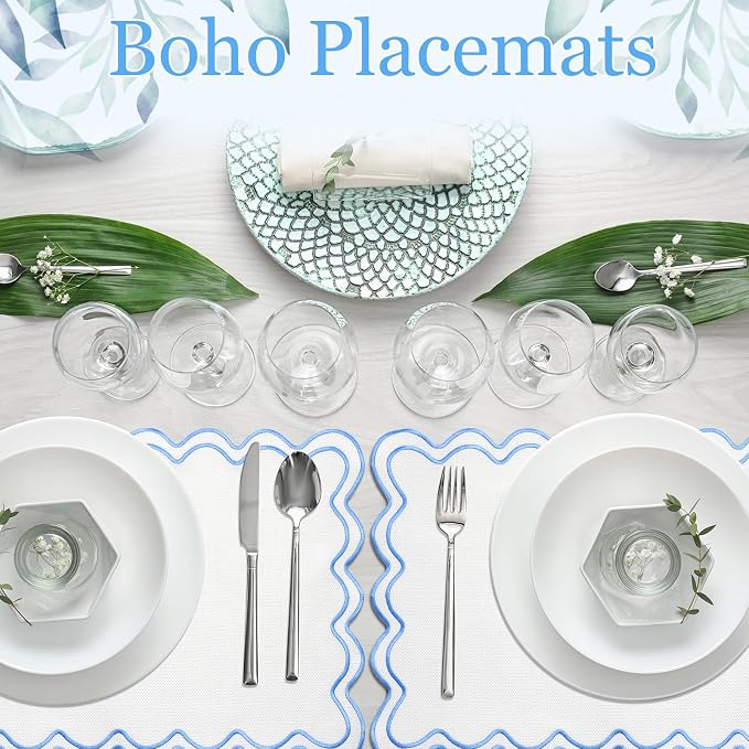 HunnmingRe White with Blue Set of 6 Cotton Linen Wedding Placemats, 13x19 Inch Scalloped Wavy Embroidery Placemat Double Layered Washable Rustic Rectangle Dinner Table Mat for Home Decor