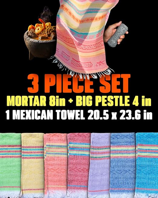 Authentic Molcajete Mexicano Made of Volcanic Rock | 3 Pcs Set (1 Mortar + 1 Pestle + 1 MexTowel) High-Heat Resistant, Mexican Mortar and Pestle Set, Guacamole Bowl and Masher