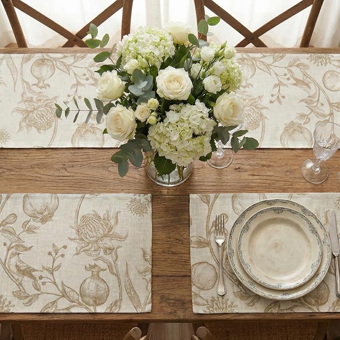 JINCHAN Linen Placemats Set of 4 Farmhouse Botanical Print 13x19 Inch Tan | Fabric Placemats, Cottage Style, Botanical Bird Motif, Machine Washable, Easy to Store, Reusable