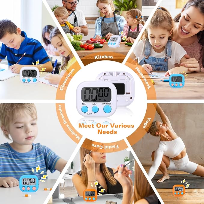 12 Pack Digital Kitchen Timers, Magnetic Countdown Timer with Loud Alarm | Big Digits, Backing Stand, Classroom, Teachers, Kids, Shower, Study, Work, Exercise, Training, Cooking.