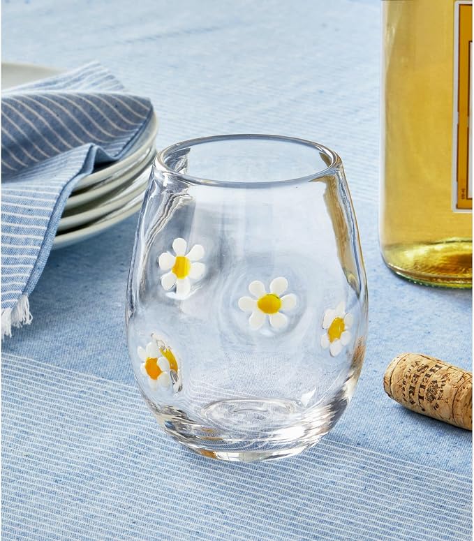 tag 16 oz. Flower Clear Glass Yellow and White Daisy Flower Stemless Wine Drinkware White