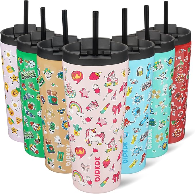 BJPKPK 22 oz Coffee Tumbler with Straw, Insulated Stainless Steel Cup | Double Wall Vacuum, Leak Proof Lid, Keeps Hot/Cold/Iced, BPA Free, Cupholder Friendly, Travel, Unicorns