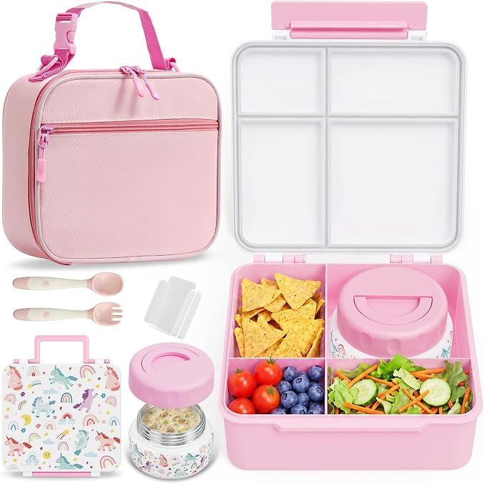 Bento Box for Kids with Thermo Food Container (9oz), 4-Compartment Lunch Box, Adjustable Divider, Leakproof Bento Lunch Box, Includes Utensils & Carry Bag for School, Office(White-Horse)