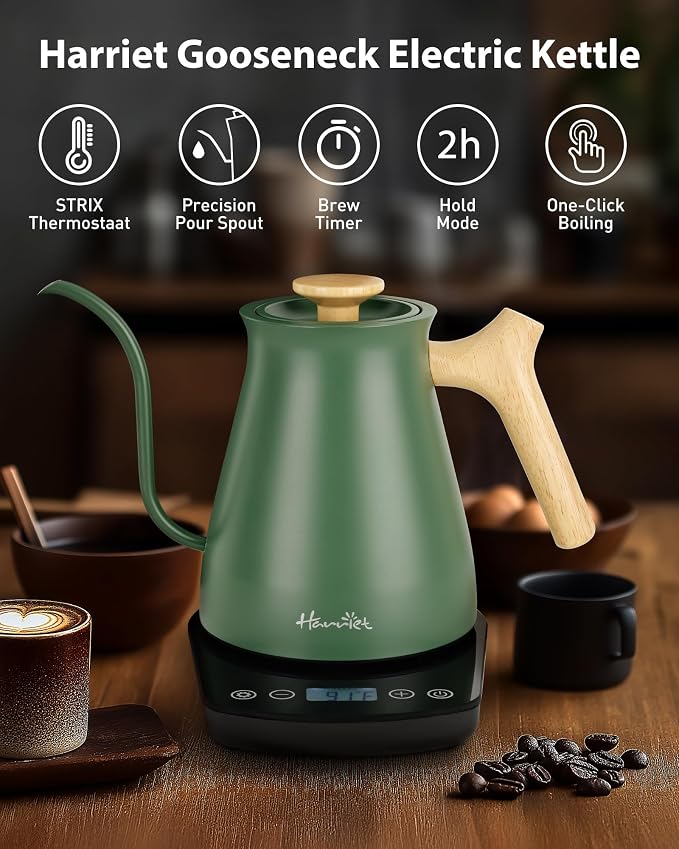 Harriet Gooseneck Electric Kettle, 1°F Control, Brew Time, 0.8L | 120-Min Keep Warm, 104–203°F Control, Built-In Brew Timer, Stainless Steel, Wood-Accent Handle for Pour-Over Coffee