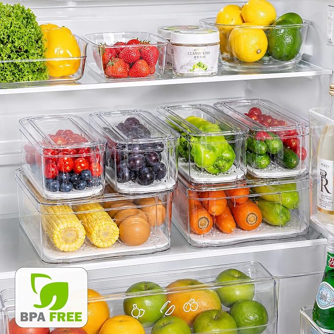 SMRCAD Clear Fridge Bins with Drain Trays - BPA-Free PET, Stackable | 10 Pack: 10 lidded Bins, Helps Keep Produce Fresh, 17.4L Capacity, Hand Wash Only