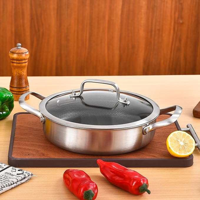 Inqibee 3 QT Saute Pan with Lid, 10 Inch Deep Frying Pan, Riveted Handle | Hybrid Ceramic Nonstick Cookware, Tri-Ply Stainless Steel Pan, PFOA Free, Induction Cooking Pan, Dishwasher and Oven Safe