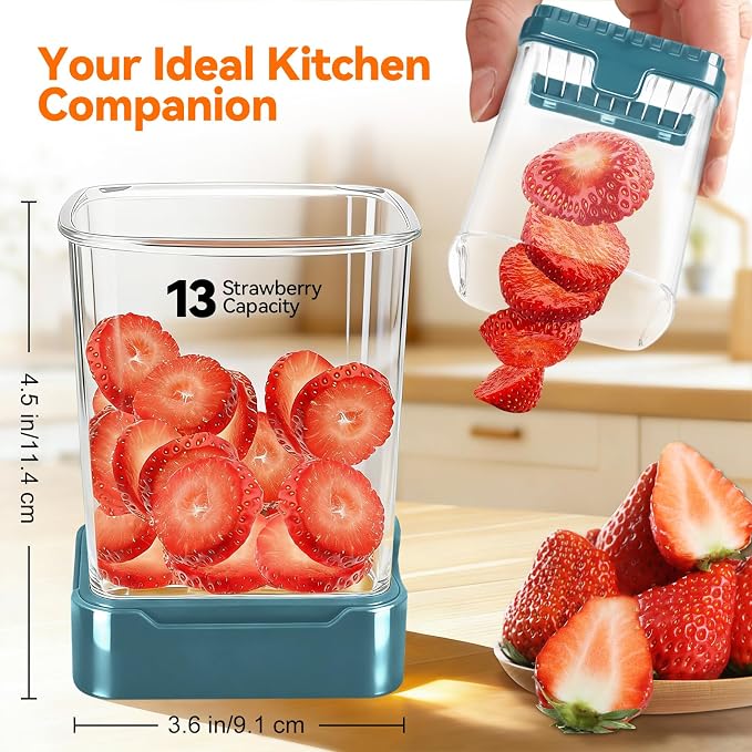 Fruit Slicer Cup for Strawberry, Banana, Hard-Boiled Egg - Detachable Cutter with Push Plate - Rapid & Safe Slicing Kitchen Gadget for Quick Meal Prep, Blackish green
