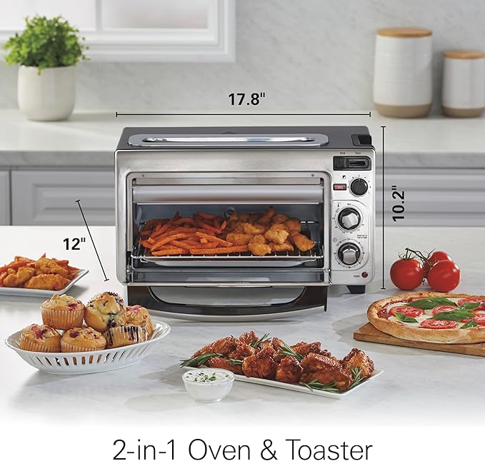 Hamilton Beach 2-in-1 Countertop Toaster Oven and Long Slot 2 Slice Toaster | Bake, Broil Toast | 2 Rack Positions | 60 Minute Timer | Automatic Shut Off | Shade Selector | Stainless Steel | 31156J