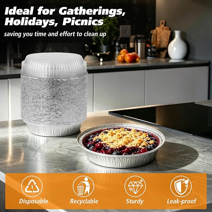 50Pack 8" Round Aluminum Foil Pans with Clear Lids – Pie Tins Disposable to go Containers with lid for Baking, Storing Leftovers, and Meal Prep, Freezer & Oven Safe Baking Pan