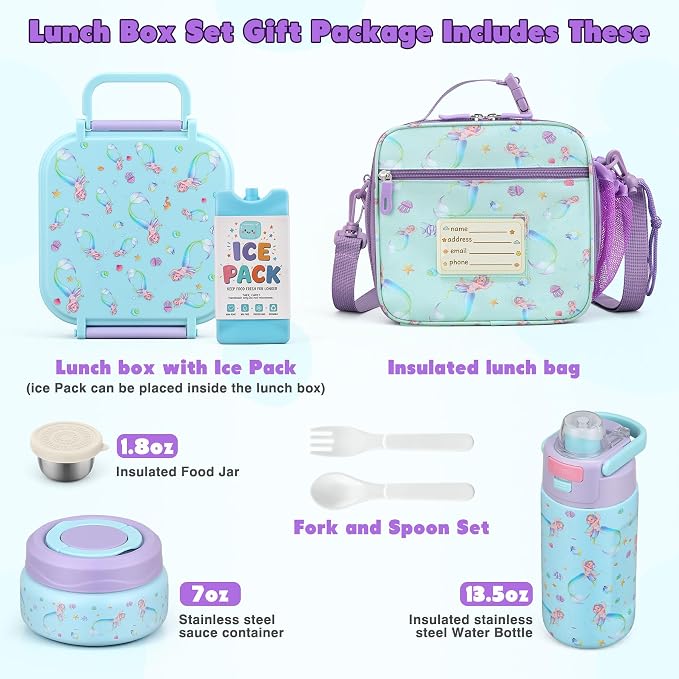 Bento Lunch Box for Kids with 7oz Soup Thermo,Insulated Stainless Steel Kids Water Bottle with Straw and Insulated Lunch Bag,Leak-Proof Lunch Food Container with Ice Pack for School(Purple-Mermaid)