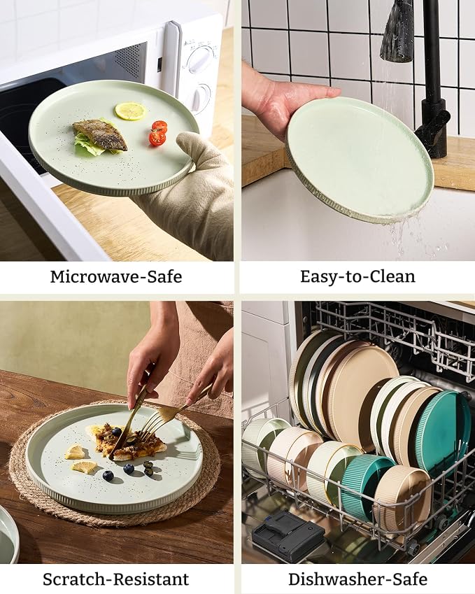 Famiware Star Stoneware Dinnerware Sets with Pasta Bowls, 16pc Dishes for 4 | Ceramic Flat Plates and Double Bowls. Chip & Scratch Resistant. Microwave & Dishwasher Safe, Everyday Dining, Light Green