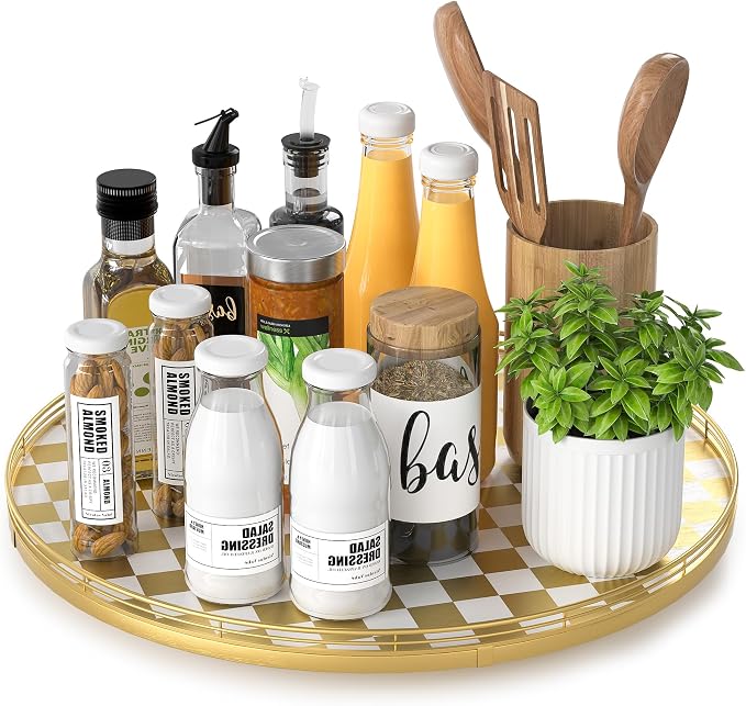 AMH 16-Inch Gold and White Checkerboard Lazy Susan with Rubberwood Base | Smooth rotating oak tray with walnut finish for dining tables, kitchen counters, pantries and cabinet storage.