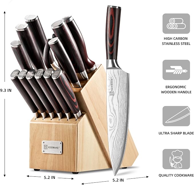 14 Pcs Kitchen Knife Set with Block, Ultra Sharp Knife Block Set | Japanese High Carbon Stainless Steel, Professional Chef Knife Set with Ergonomic Pakkawood Handle and Sharpener