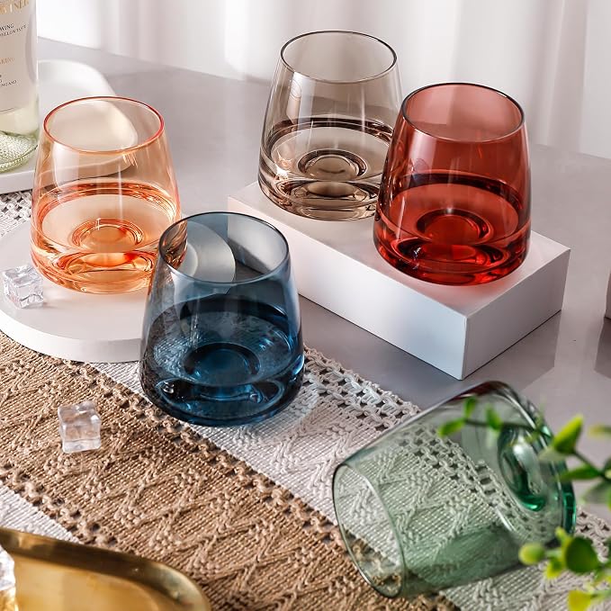 Stemless Wine Glasses Set of 6 - Hand Blown Colored Short Wine Tumblers Colorful Lead-Free Non-Fading Party Stemless Wine Glasses Set, Unique Gift for Wedding