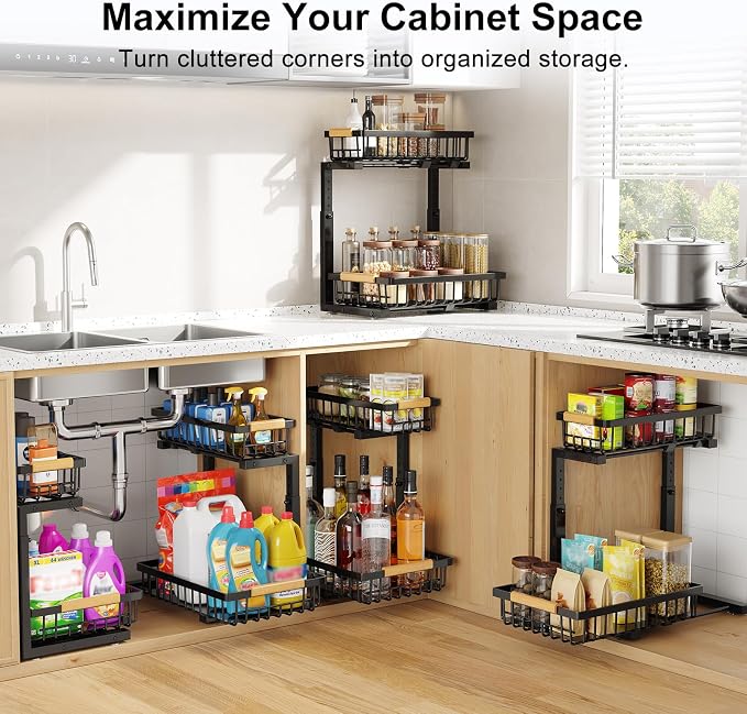 Under Sink Organizer 2 Pack, Adjustable Height 2-Tier Pull Out Cabinet Organizers, Heavy Duty Metal Slide Out Drawers, Under the Sink Organization and Storage Shelf for Kitchen Bathroom Pantry, Black