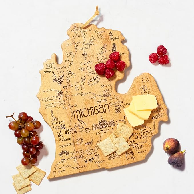Totally Bamboo Destination Michigan Mitten Shaped Cutting Board | Michigan mitten charcuterie serving board. Engraved map art. Smooth reverse side for food prep. Hang tie for wall display.