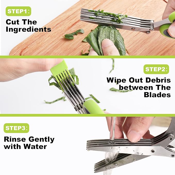 LUVCOSY Herb Scissors, Premium Stainless Steel 5 Blade Kitchen Salad Scissors Dishwasher Safe, Sharp and Convenient 5 Blade with Safety Cover, Herb Stripping Tool and Cleaning Comb