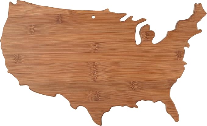 Totally Bamboo United States of America Shaped Bamboo Serving and Cutting Board | USA-shaped charcuterie board with natural bamboo grain. Knife-friendly surface for food prep. Hang tie for wall display.