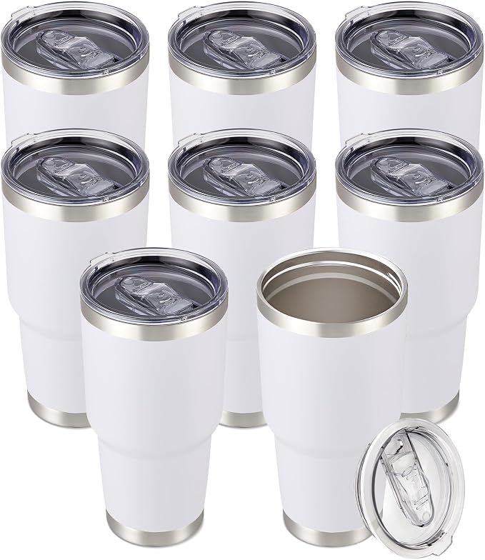30 oz Tumbler with Lid Stainless Steel Tumblers Bulk, 8 Pack | Vacuum Insulated Cup, Leak Proof Lid, Powder Coated Travel Mug, Double Wall, Keep Cold Drinks for 12 Hours, White