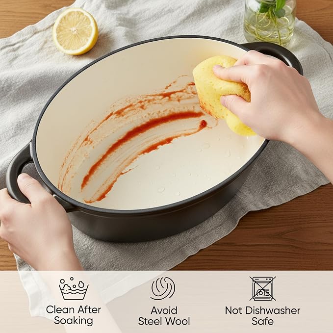 Oval Dutch Oven for Bread Baking, 4.5 Quart Non Stick Enameled Cast Iron Dutch Oven Pot with Lid, Oven Safe Oval Casserole with Lid up to 500°F for Baking, Braising, Stews, Roasting (Black)