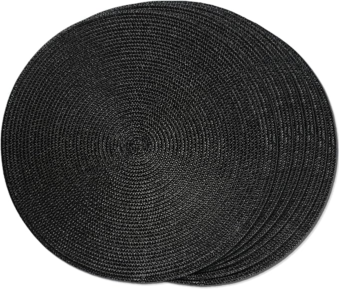 FunWheat Round Braided Placemats Set of 6 Place Mats for Dining Table Woven Washable Non-Slip Table Mats 15 Inch (Black, 6pcs)