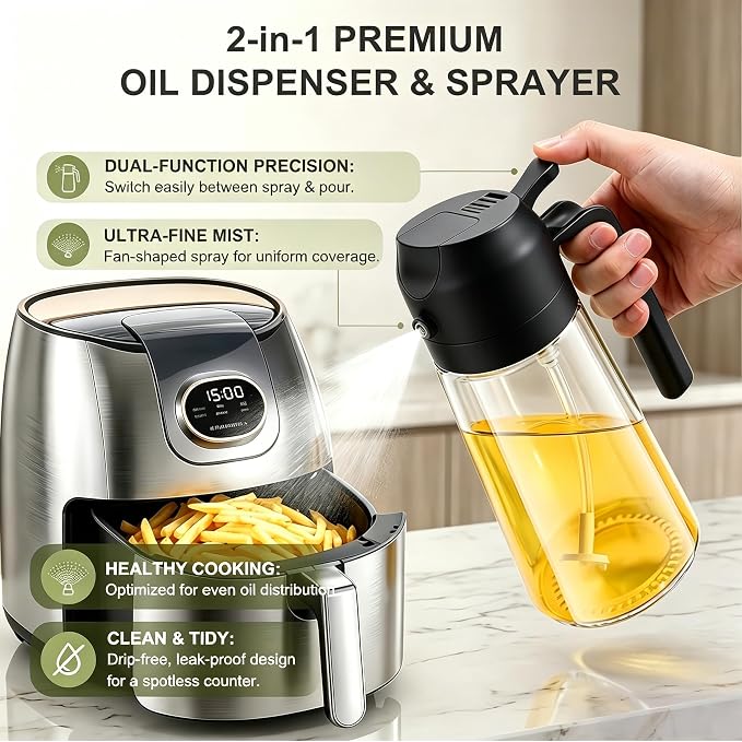 Pure Future 2-in-1 Olive Oil Sprayer for Cooking - 16oz/470ml Glass Oil Dispenser Bottle with Portion Control, Refillable Mister for Air Fryer, BBQ, Salad, Grilling, Food-Grade & BPA-Free (Black)