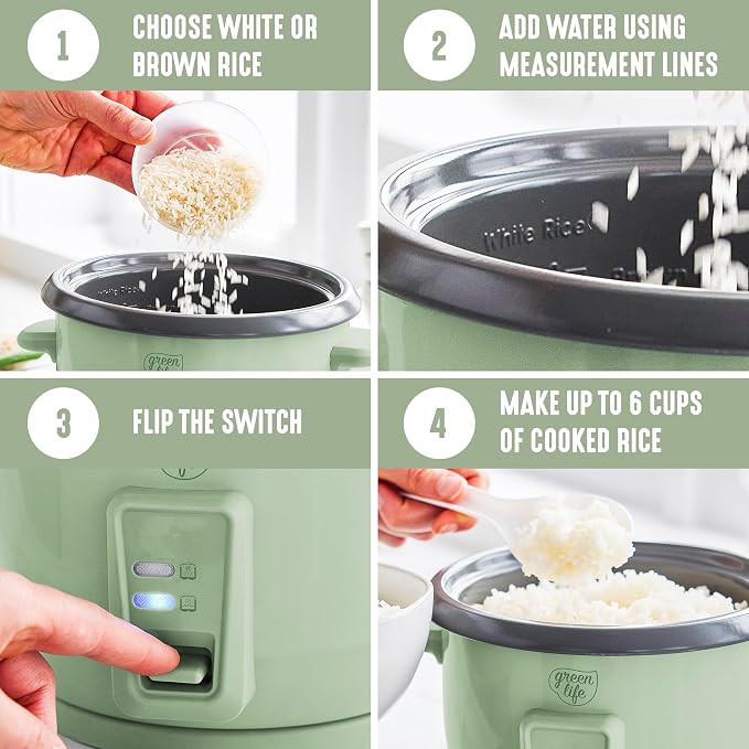 GreenLife Rice Cooker, 3-Cups Uncooked/6-Cups Cooked, Sage Green | PFAS-Free Ceramic Nonstick Removable Pot, One-Switch Design, Grains Multicooker, Keep Warm, Dishwasher Safe Parts, Easy Clean