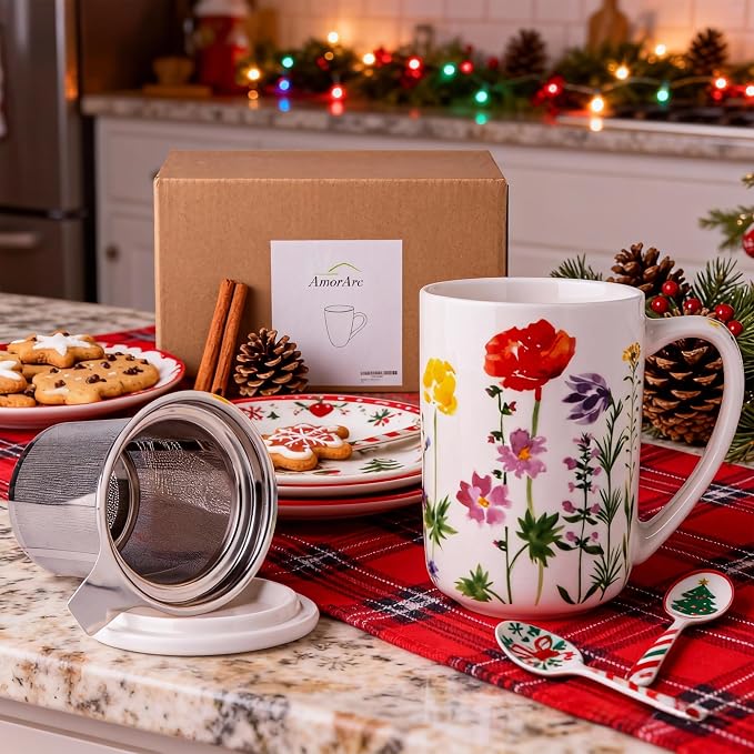 AmorArc Tea Cup With Infuser and Lid, 18oz Loose Leaf Tea Mug With Steeper | Porcelain Tea Mug With Infuser and Lid, Large Strainer Tea Cup with Lid for Tea, Coffee Mug for House-warming Birthday Gift