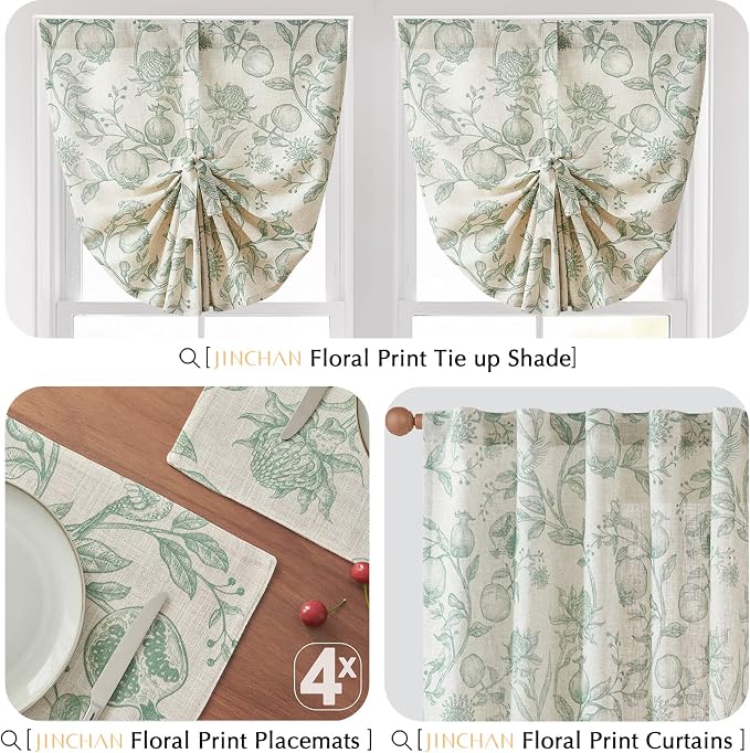 JINCHAN Linen Placemats Set of 4 Farmhouse Botanical Print 13x19 Inch Green | Fabric Placemats, Cottage Style, Botanical Bird Motif, Machine Washable, Easy to Store, Reusable