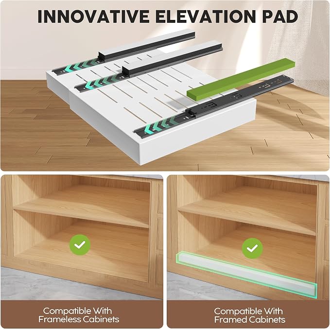Seinloes 6 Pack Pull Out Cabinet Organizers 21" Deep With Raising Pad for Framed Cabinets, Expandable Slide Out Drawers with 4pcs Divider Racks, Roll Out Shelves, Adjustable Width 12"-20.45" White