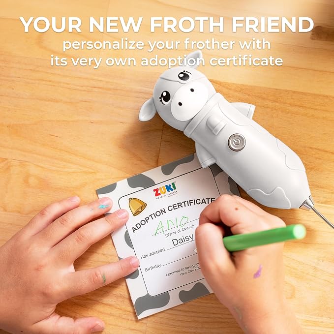 Zulay Kitchen Cow Milk Frother Wand – Cutesy Frother, Meet Your New Frothing Buddy Daisy The Cow, Adoption Papers and Stickers Included, Purrr-fect for Lattes, Cappuccino & Matcha – White