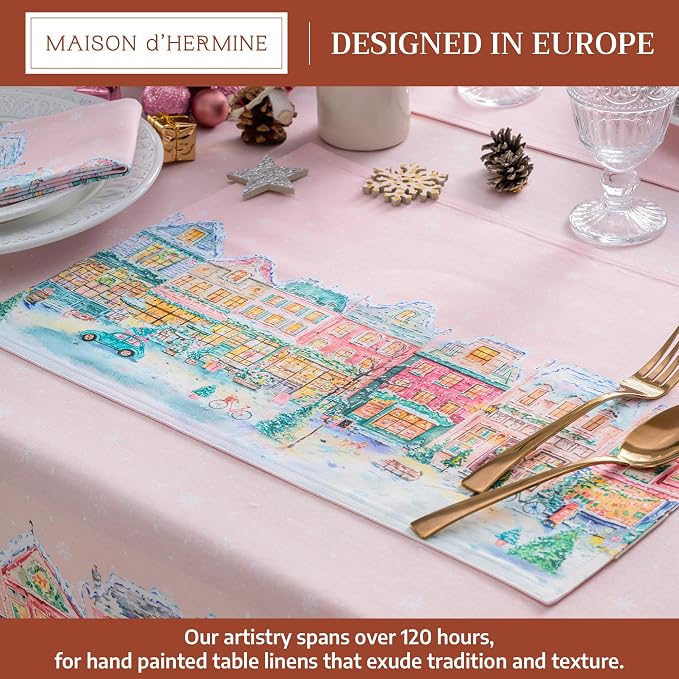 Maison d' Hermine Placemats Set of 4 Reusable 100% Cotton (13"x19") | Cloth Place Mats Washable Table Mats for Kitchen Dining Party Wedding Home Thanksgiving Christmas - Christmas Market - Pink