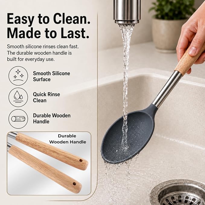 Silicone Kitchen Utensils Set, 9 Pcs Full-Size Non-Toxic Cooking Utensils with Wooden Handles & Stainless Steel Core, Heat Resistant Food Grade Kitchen Gadgets for Nonstick Cookware