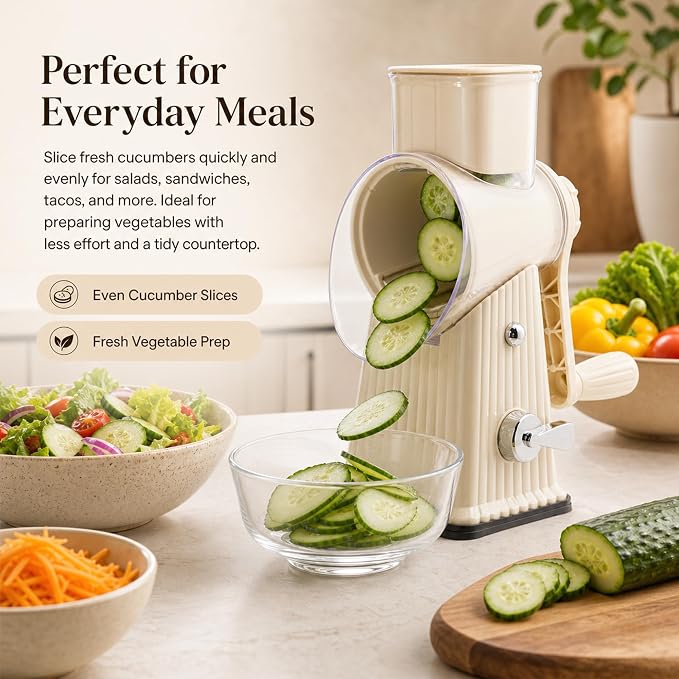 JA&MIU Rotary Cheese Grater with Handle, 5 Well-designed Blades | Strong Suction Base, Round Mandoline Slicer with Blade Storage Box & Kitchen Mandoline Vegetable Slicer (Off-white)