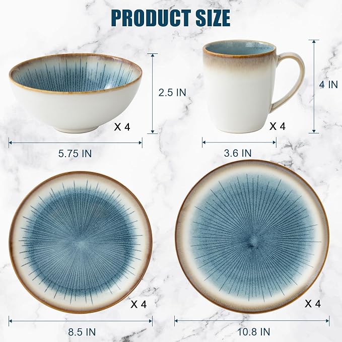 Dinnerware Set Stoneware 16 Pieces Service for 4, Stoneware Plates and Bowls Set Stoneware Set, Dishwasher Microwave Safe Dishes set