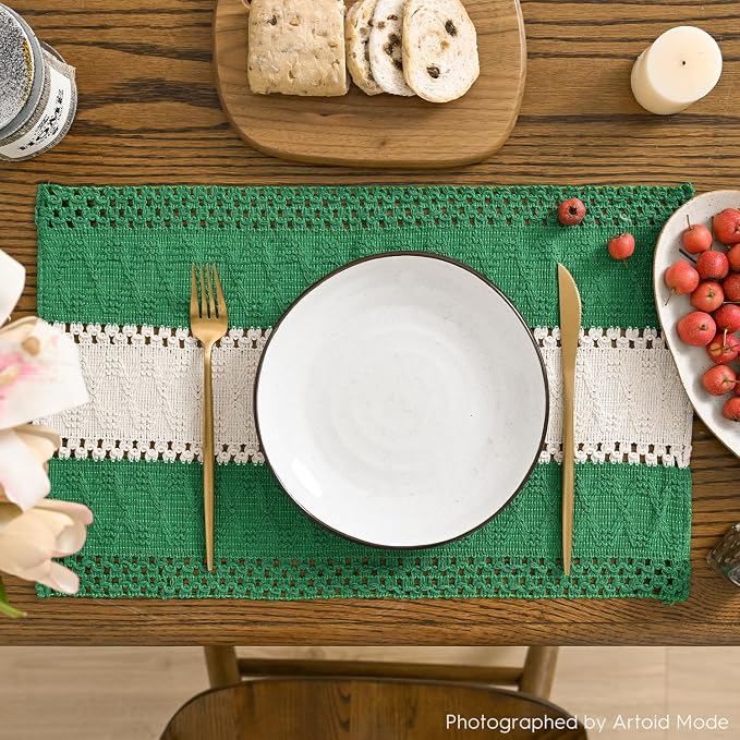 Artoid Mode Dark Green Farmhouse Rustic Placemats Set of 6,12x18 Inch Seasonal Hollow Table Mats Party Kitchen Dining Decoration