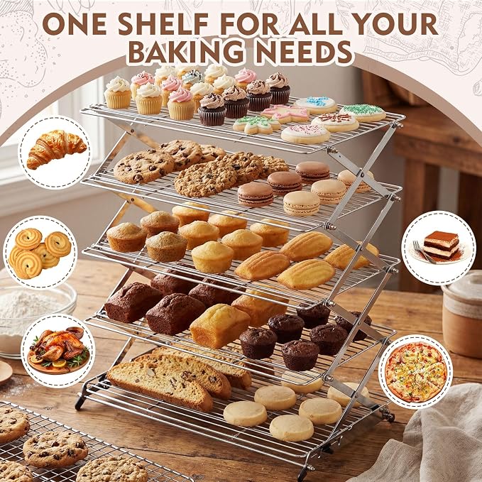 Novabright 5 Tier Collapsible Cooling Rack for Baking, 16'' x 10'' Stainless Steel Stackable Baking Rack for Cookies Bread, Oven Safe Roasting, Space Saving Kitchen Essentials Gifts for Women, Silver