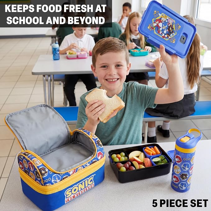 Get Trend Sonic the Hedgehog Kids Lunch Box 3 Pc Set with Insulated Lunch Bag, Bento Box with Two Mini Pots & 20 fl oz Water Bottle with Straw for School, Picnic, Gamer Gifts for Boys (Blue Sonic)