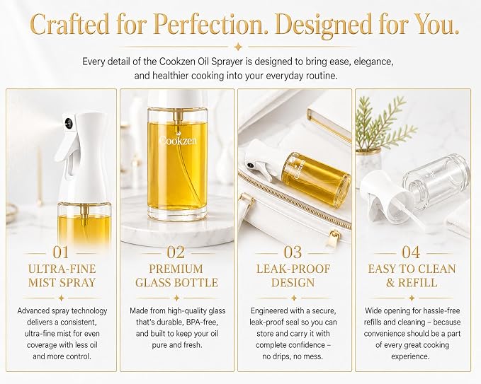Oil Sprayer for Cooking, 200-ml | Avocado Oil Spray Bottle, Refillable, Reusable Fine Mist Spray Bottle for Air fryer, BBQ, Salad, Baking (white)