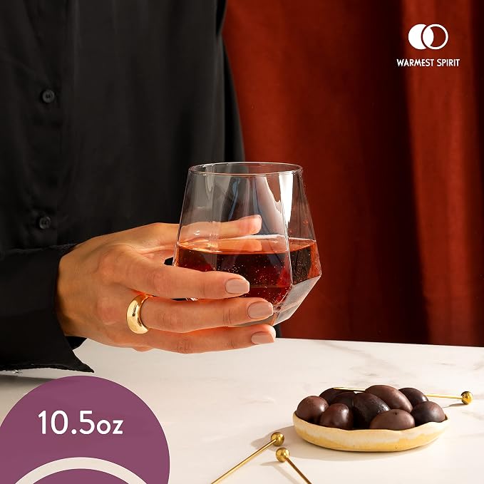 Hexagon Stemless Wine Glasses Set of 6 – Elegant 10.5 oz, Durable, Dishwasher Safe, Spill-Proof Design, Perfect for Wine, Cocktails, Whiskey, Everyday Use, Dinner Parties, and Entertaining, Giftable