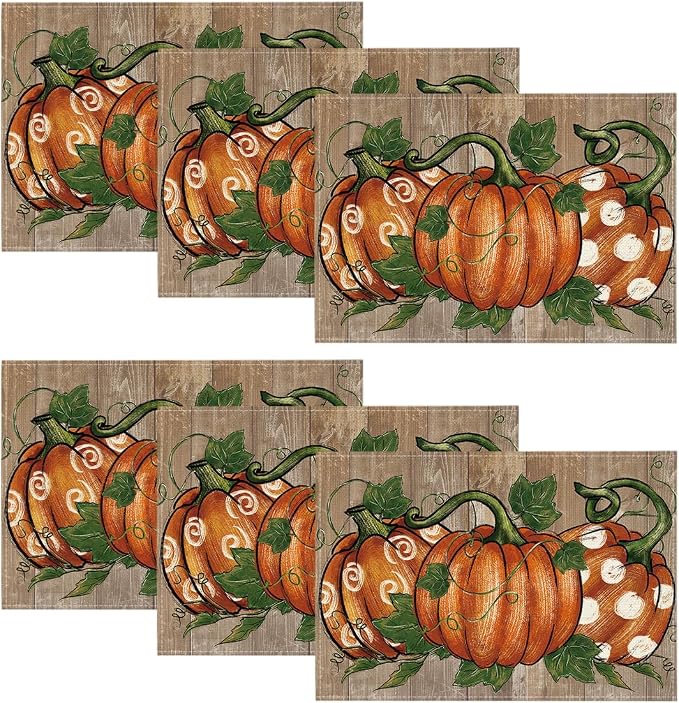 Artoid Mode Wood Polka Dot Pumpkins Fall Placemats Set of 6-12 x 18 Inch | Heat-Resistant Table Mats, Washable Seasonal Autumn Kitchen Dining Decor