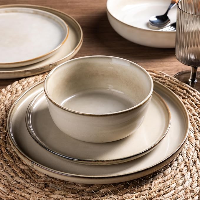 GBHOME Dinnerware Sets for 8, 24 Pieces Ceramic Plates and Bowls Set | Scratch Resistant Stoneware Dishes Set, Dishwasher & Microwave Safe, Reactive Glaze-Cappuccino