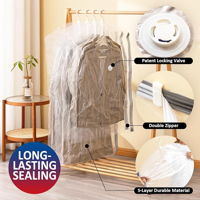 Hanging Vacuum Storage Bags, Space Saver for Clothing, 4 Long with Pump | Vacuum Seal Bags for Clothing with Electric Pump, Hanging Garment Storage for Jackets, Suit, Dresses, Winter Closet Organizer