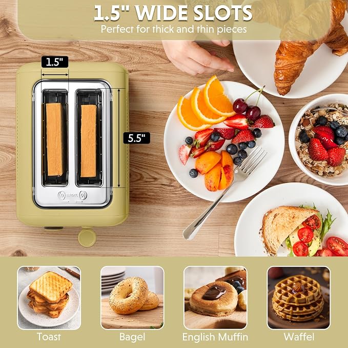 BUYDEEM DT620 2-Slice Toaster, 7 Shade Settings, Extra Wide 1.5'' Slots for Bagel & English Muffin, 6 Toasting Functions, Retro Stainless Steel Toaster with High Lift Lever, Mellow Yellow