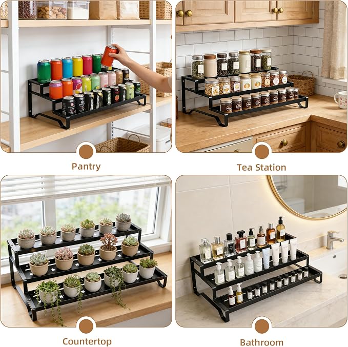 Expandable Spice Rack Organizer for Cabinet 3 Tier Spicy Shelf Black 1Pack | Adjustable Length 13"-21", Easy to See Labels, Sturdy Metal, Slip-Resistant Guardrails for Jars, Cabinet & Countertop Storage