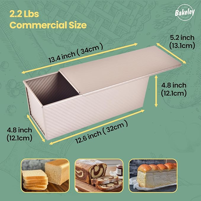Commercial Pullman Loaf Pan with Lid, 2.2Lb Dough Capacity Non-Stick Rectangle Corrugated Bread Toast Mold with Cover for Baking Bread (Champagne Gold)