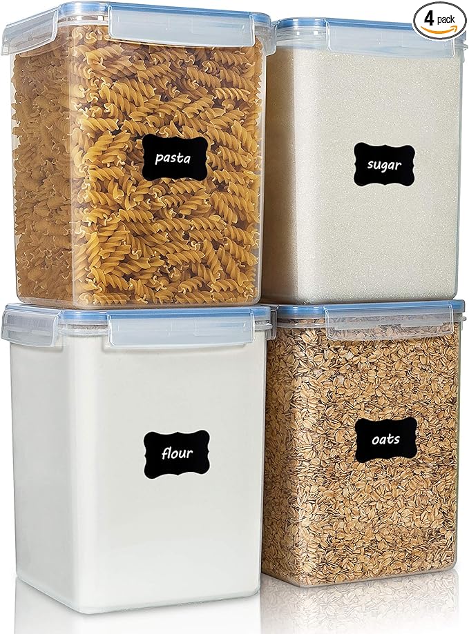 Vtopmart 5.2L Flour Sugar Storage Containers, 4 PCS, Blue | Airtight Seal, Multiple Sizes, BPA Free, Food Grade Material, Dishwasher Safe (Not Lids), 4 Measuring Cups and 24 Labels